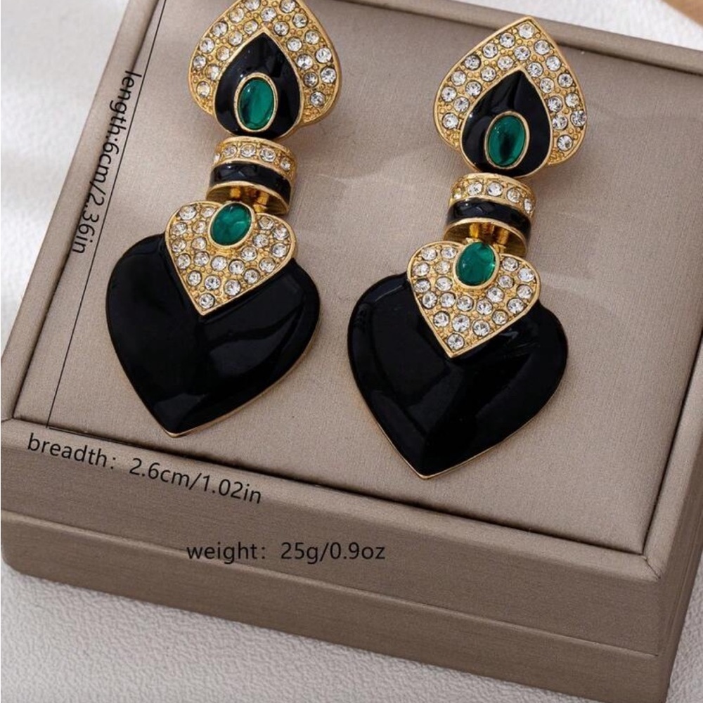 Veloura Black & Gold Rhinestone Heart Earrings - Picture 3 of 3
